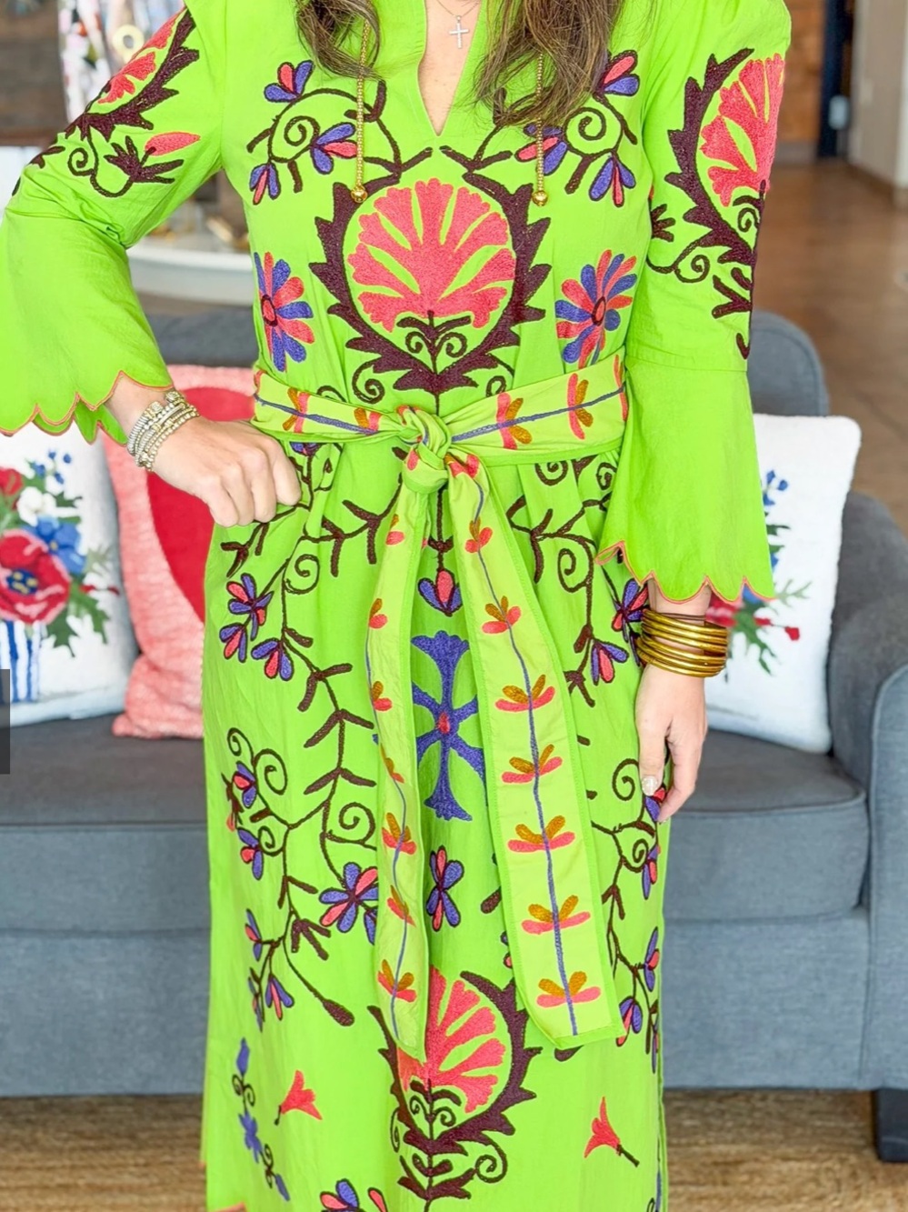 Heart of Grace Green Embroidered Floral Tie-Waist Midi Dress